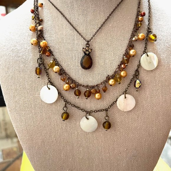 Beautiful Triple Strand Set - Bronze, Crystal, and Pearls - Picture 3 of 5